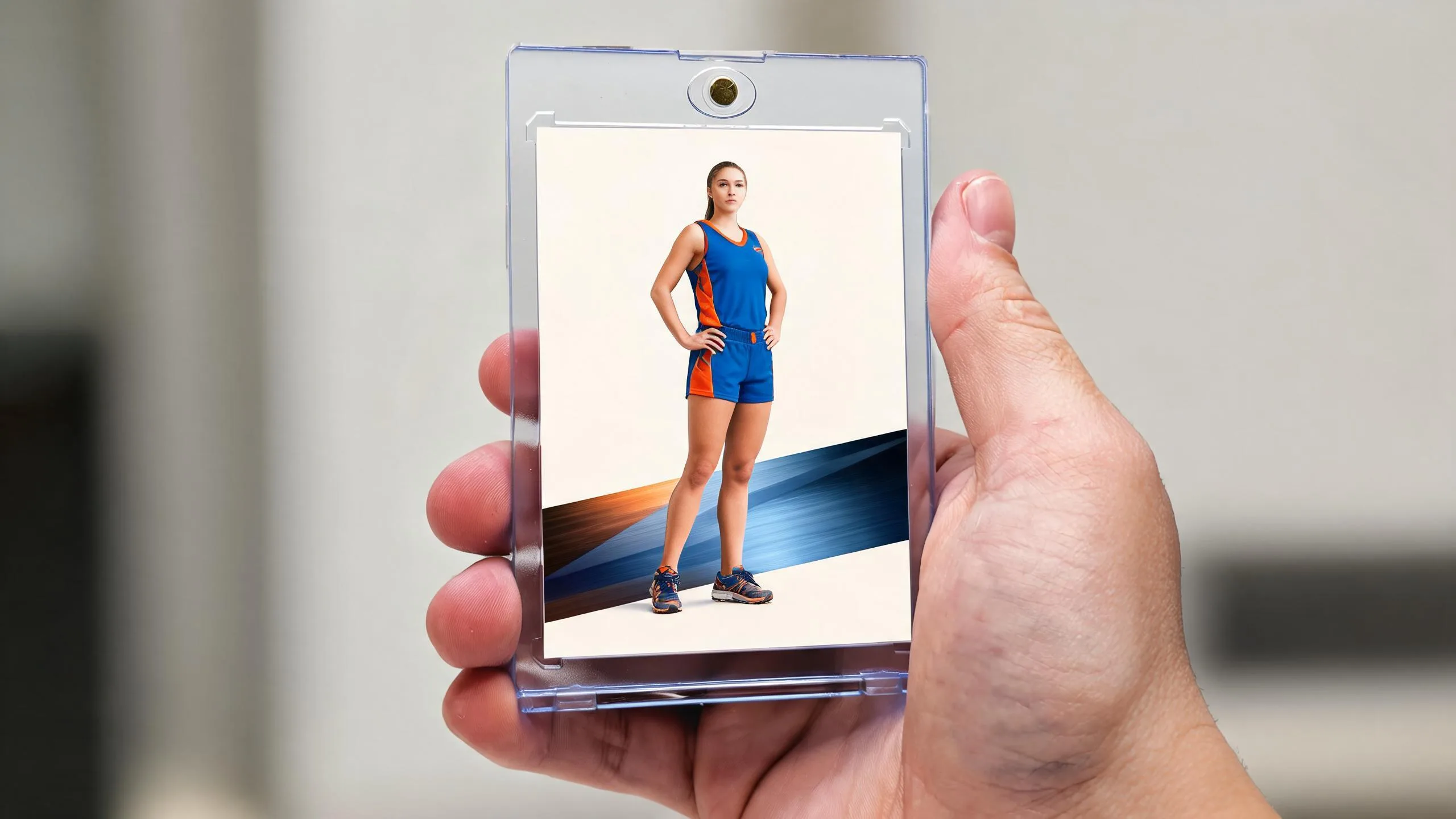 Hand holding a magnetic case with a custom sports photography cameras athlete trading card.