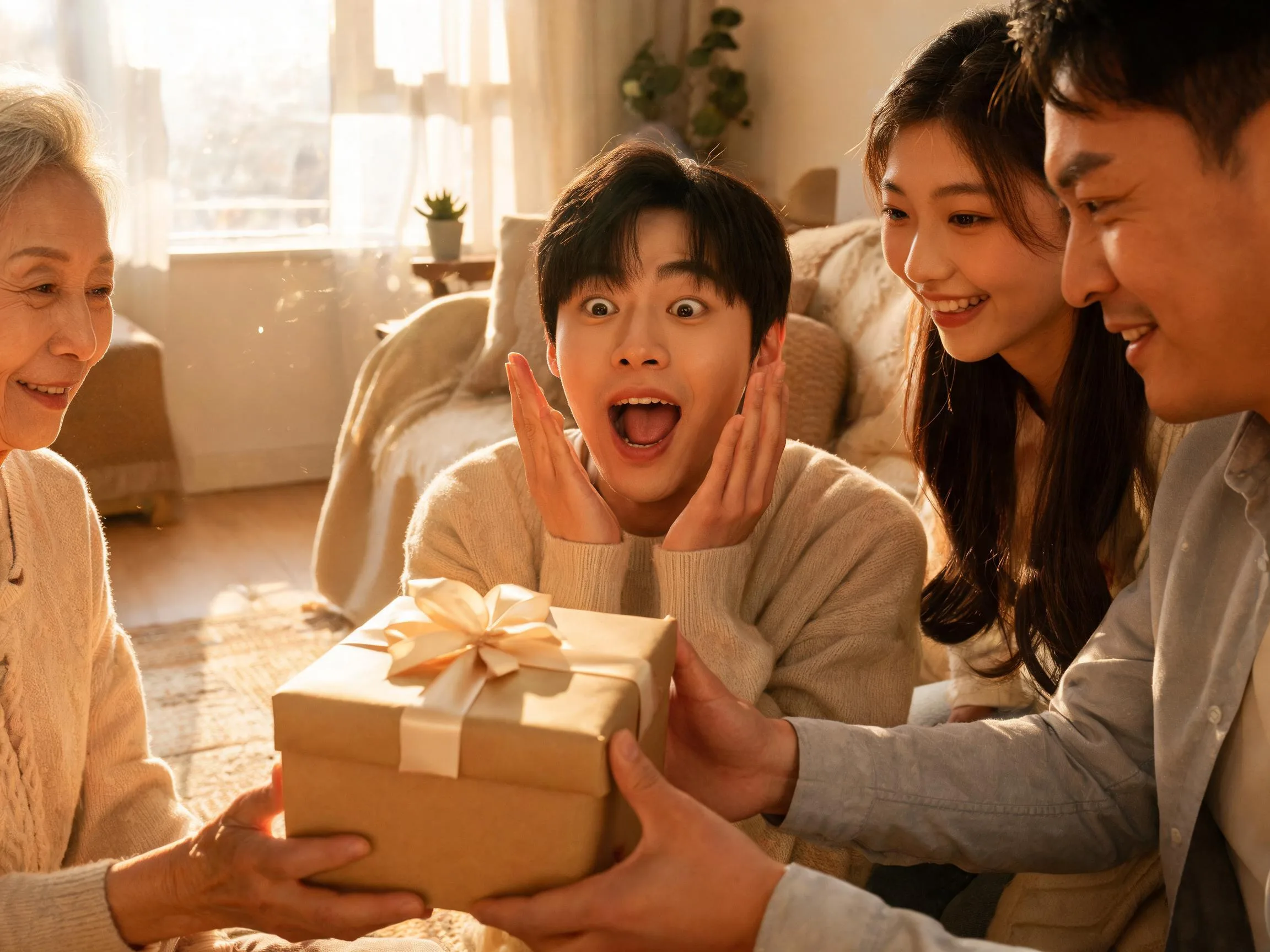 Person reacting with genuine surprise while being handed an unexpected gift indoors.