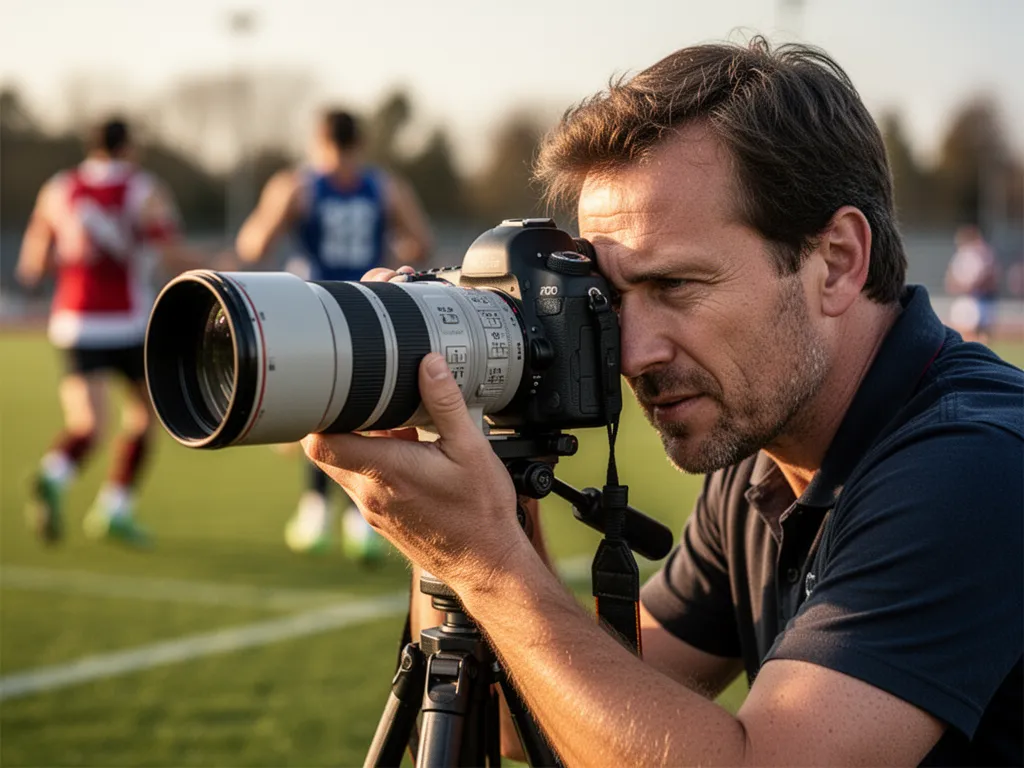 Sports photographer's concentrated expression while tracking athlete movement with professional telephoto camera lens