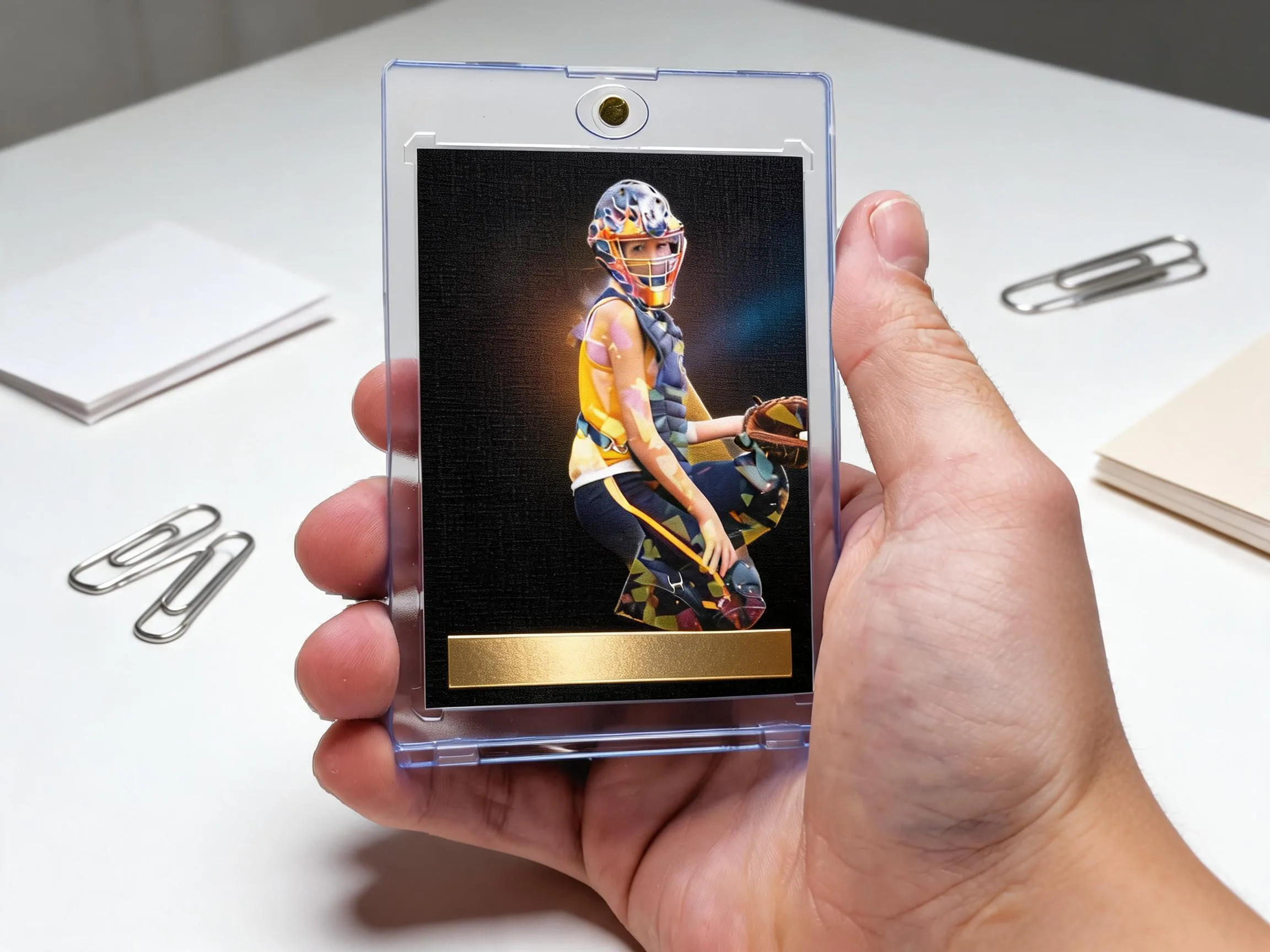 Custom keepsake trading card in a clear magnetic case with dark gold-foil design.