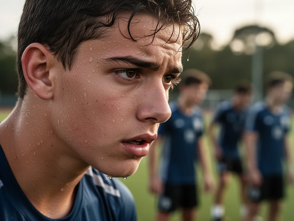 Determined athlete's face showing concentration and effort during outdoor sports training session