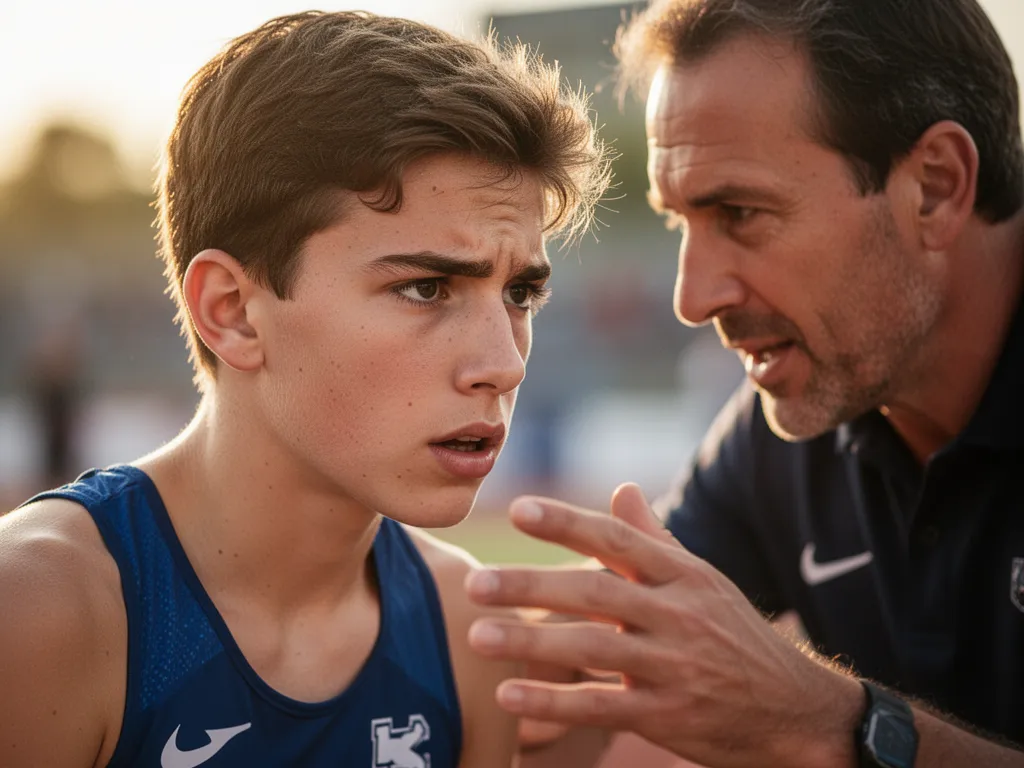 Young athlete with concentrated expression receiving coaching instruction during outdoor sports training session