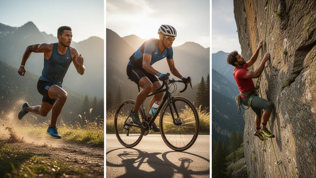 Multiple athletes competing in different sports captured in dynamic motion with natural outdoor lighting