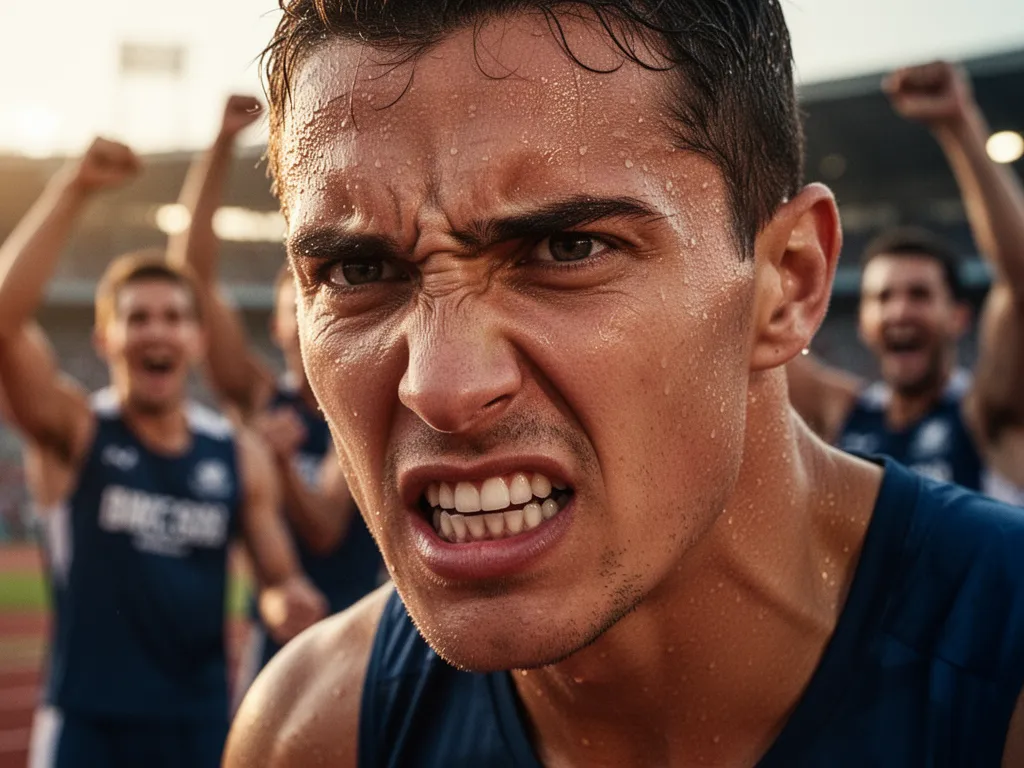 Athlete's determined face during competition with blurred supporters celebrating in the background