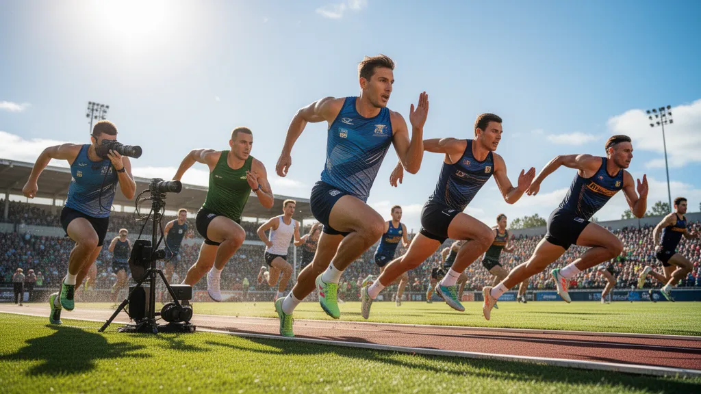 Multiple athletes in dynamic motion during outdoor competition with professional sports photography lighting and energy