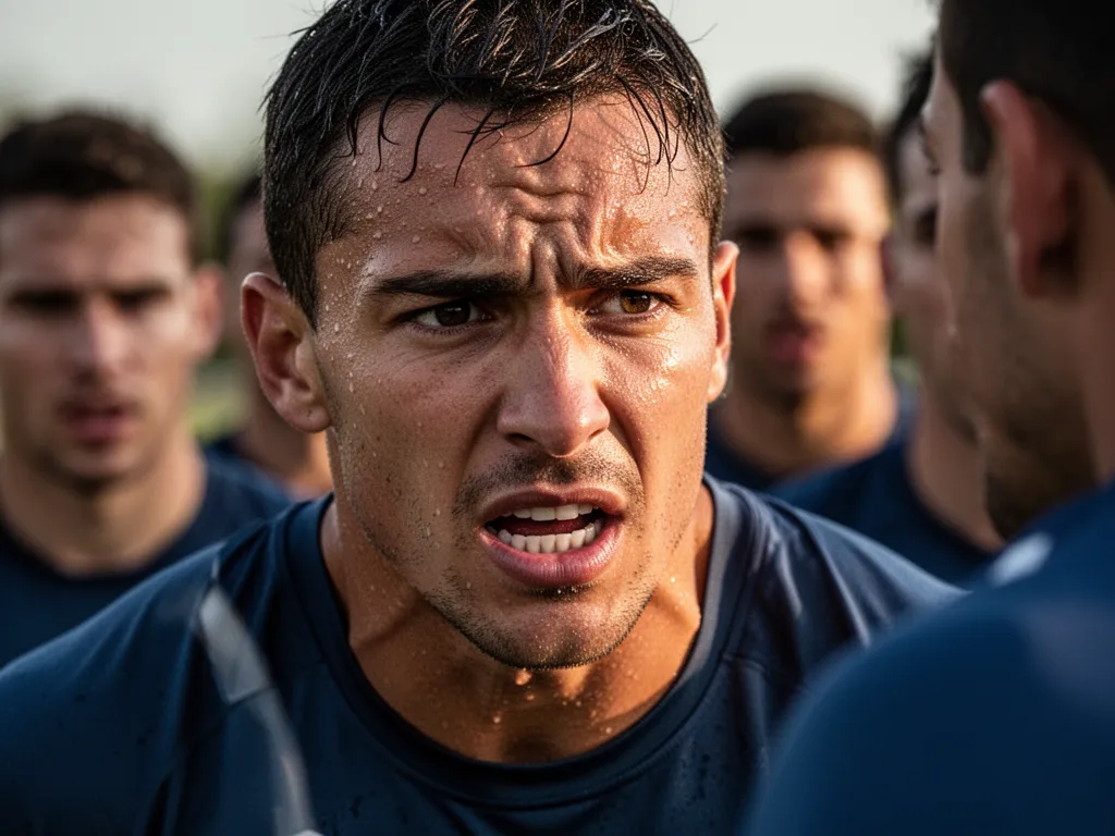 Close-up of athlete's determined face during intense training with team support visible in soft-focused background