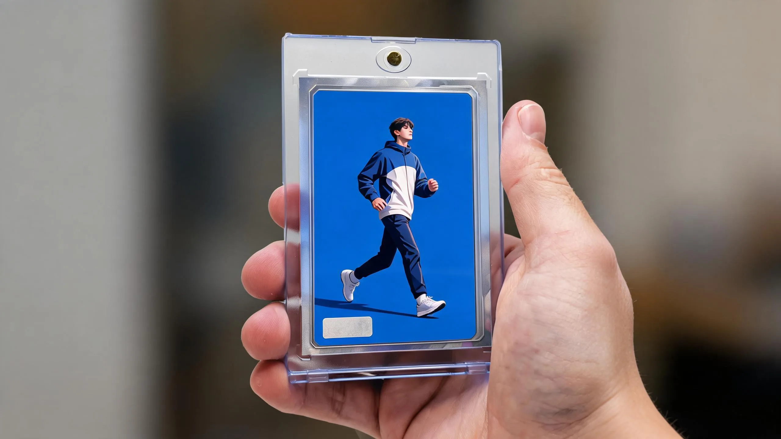 Hand holding magnetic case with blank athletic trading card, illustrating sports photography definition visually.