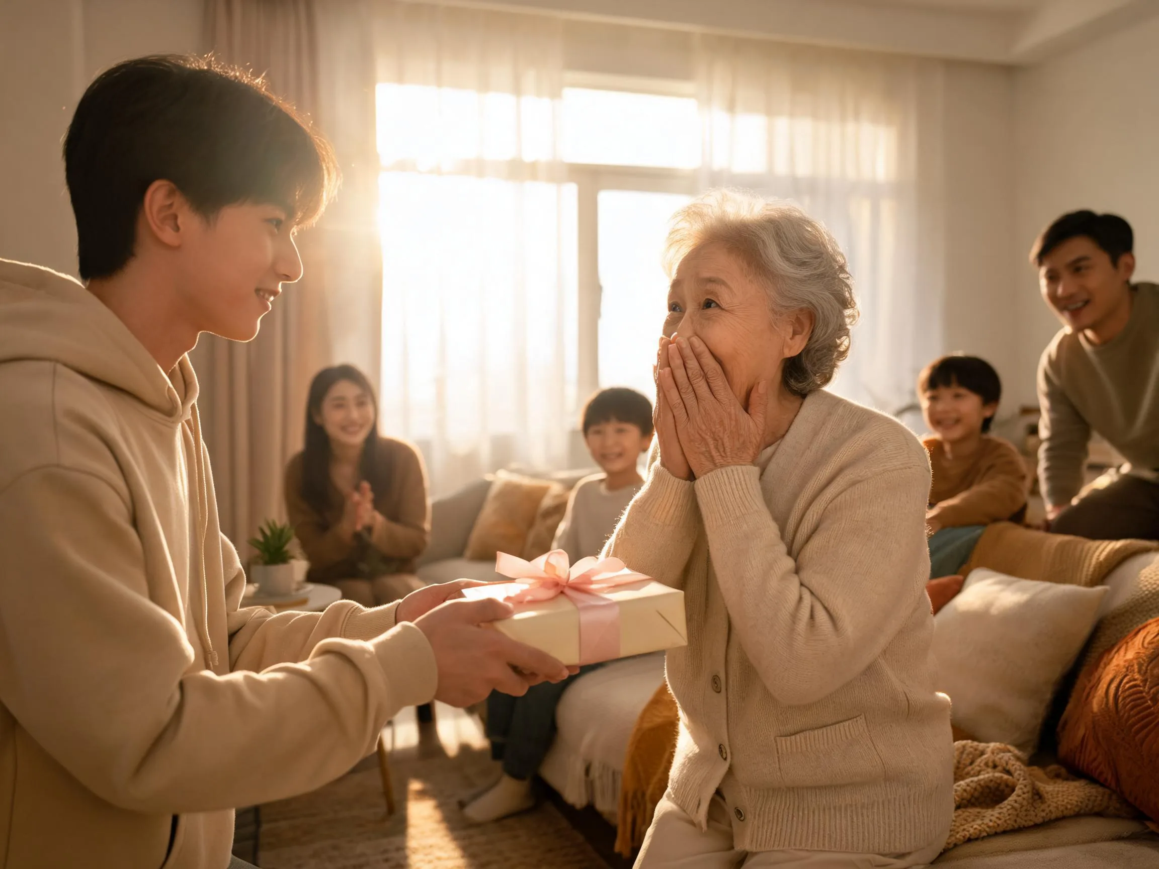 Grandmother reacts with joyful surprise receiving an unexpected gift from family.