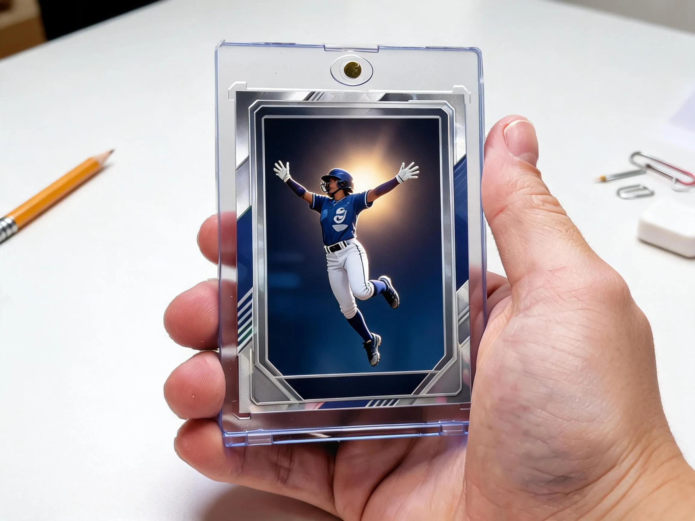 Custom keepsake trading card in magnetic case displayed on white tabletop.