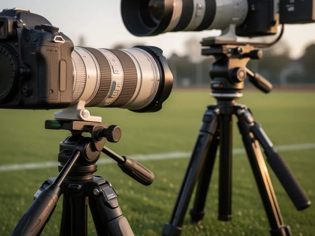 Professional camera equipment and lens positioned at sports field ready to capture athletic competition