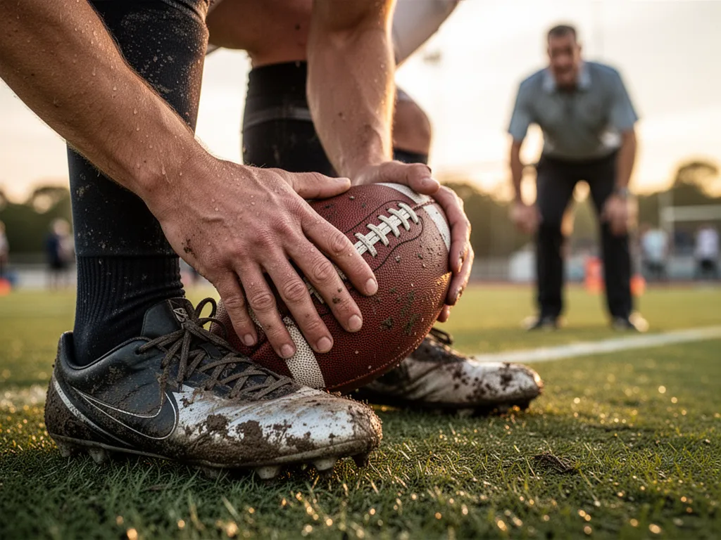 Football player's cleated feet and hands holding ball showing game-day focus and intensity
