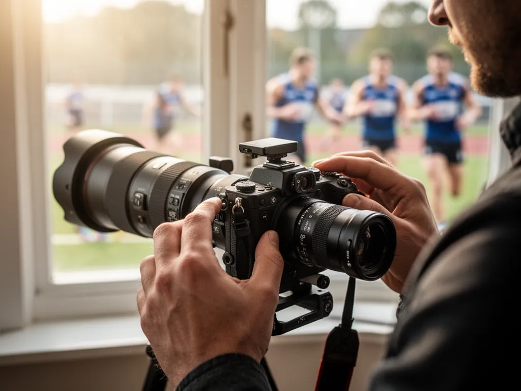 Photographer's hands adjusting professional camera settings with athletes training visible in soft-focused background