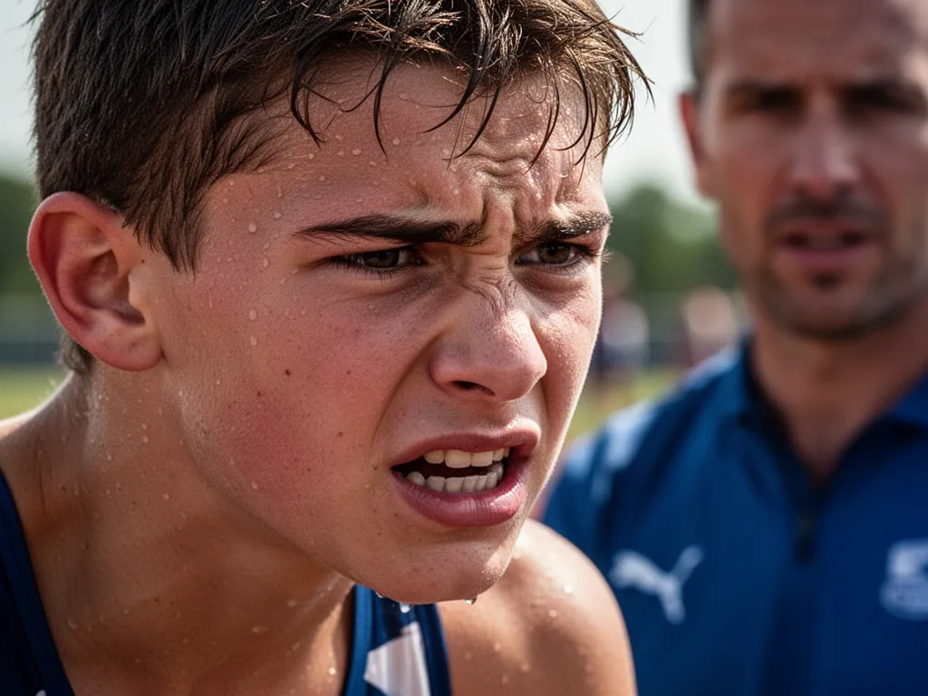 Close-up of athlete's focused face showing determination and intensity during competitive outdoor sporting event