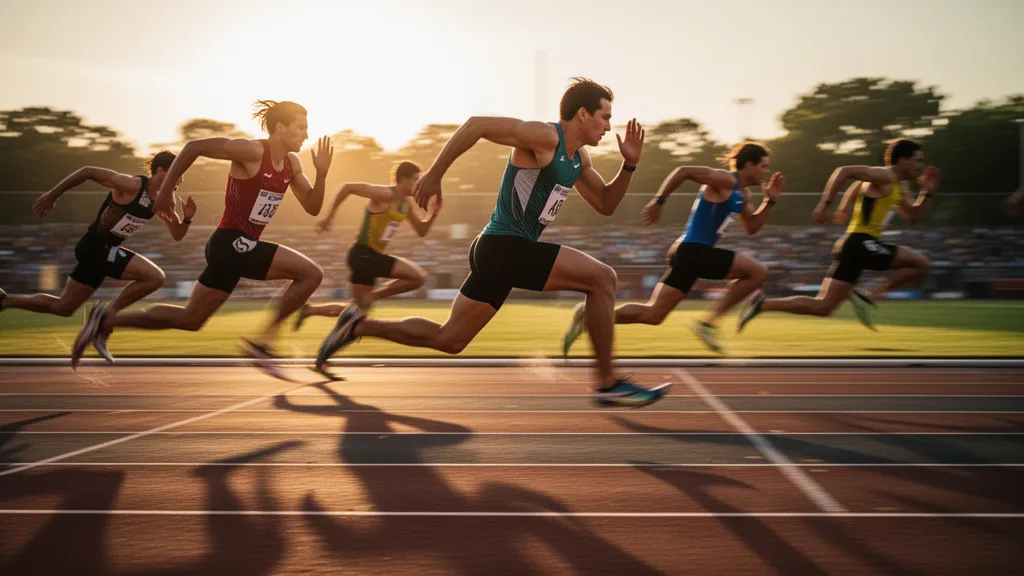 Multiple track athletes sprinting competitively on outdoor running track during golden hour sunlight