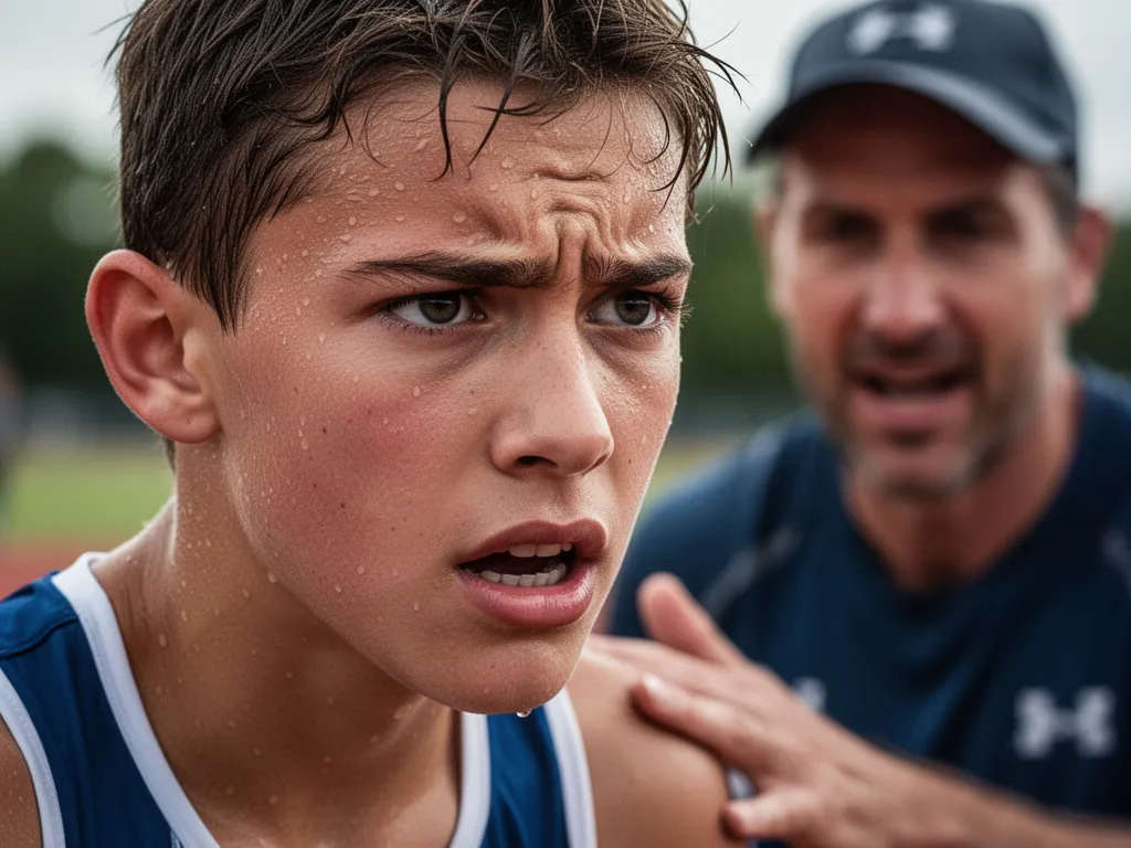 Close-up of athlete's focused face during competition with supportive coach visible in soft focus background