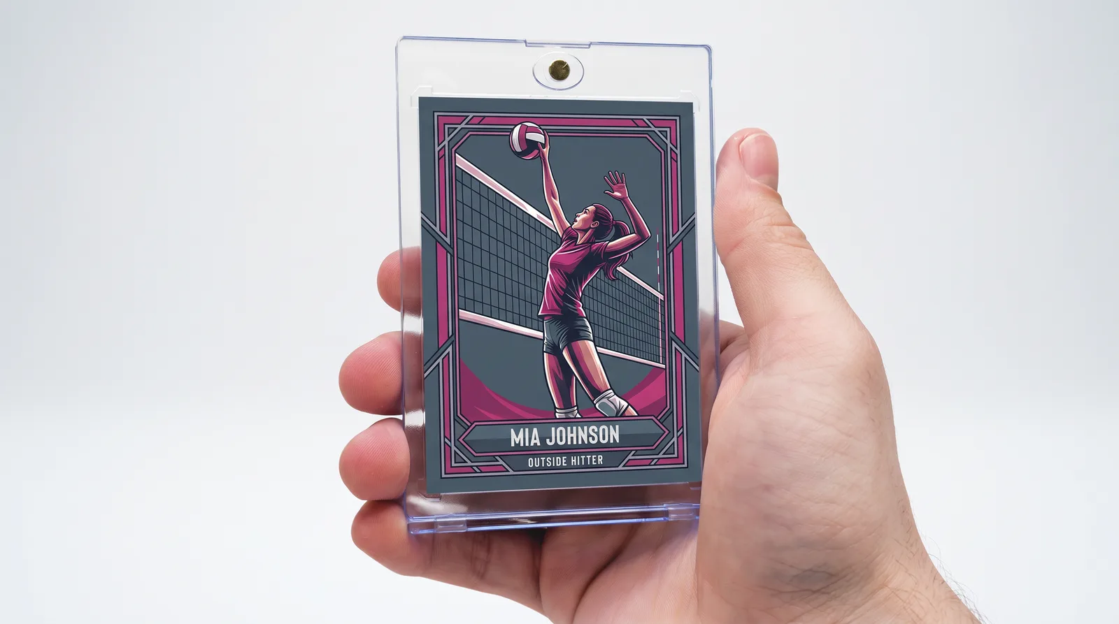 Custom volleyball trading card held in a one-touch magnetic display case
