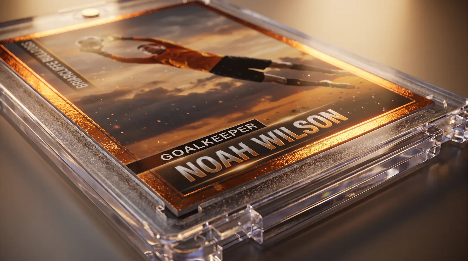Close-up of a custom soccer goalkeeping trading card's foil border inside its magnetic case