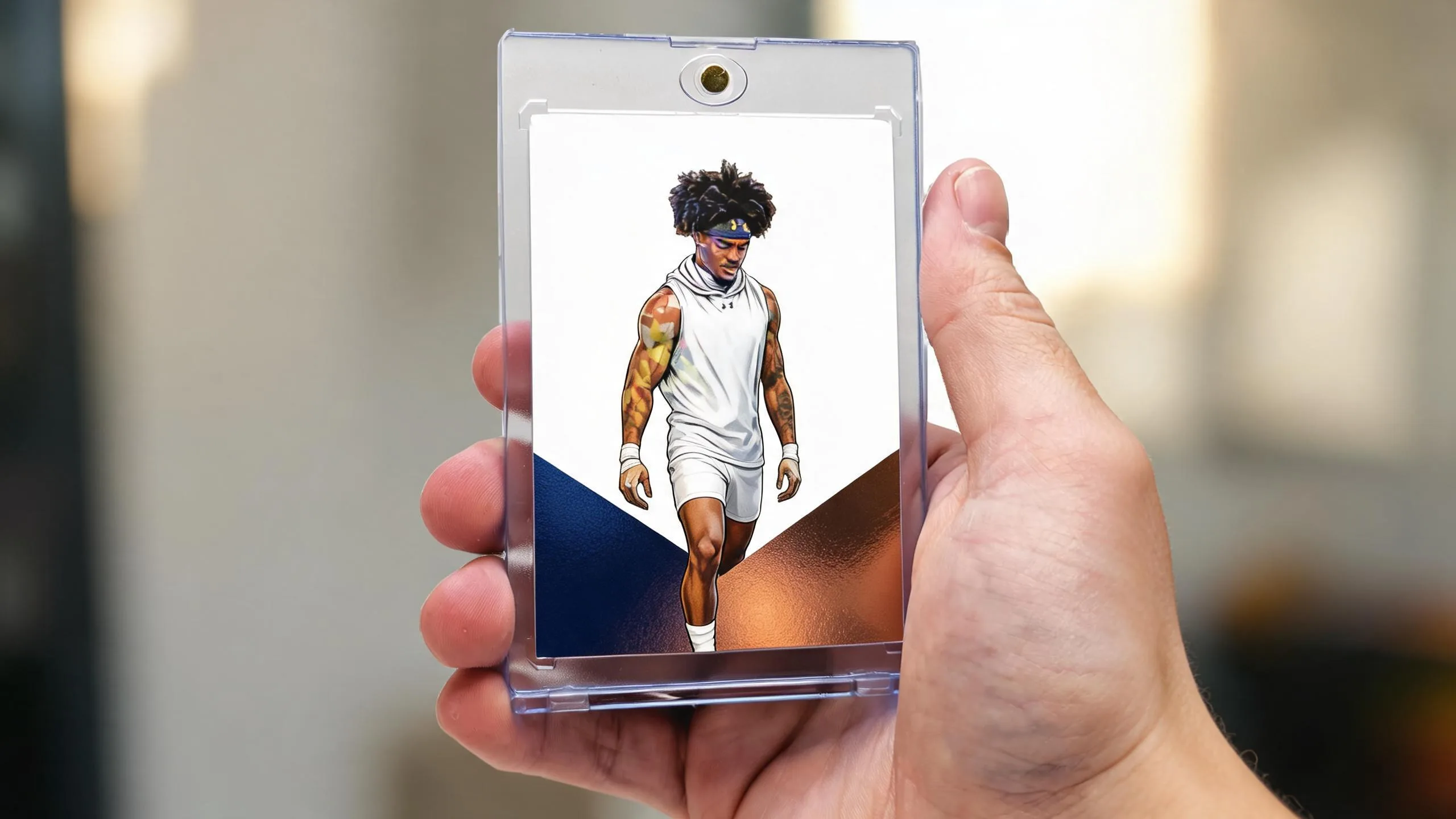 Hand holding magnetic card case, athlete design, for sports photography jobs near me search
