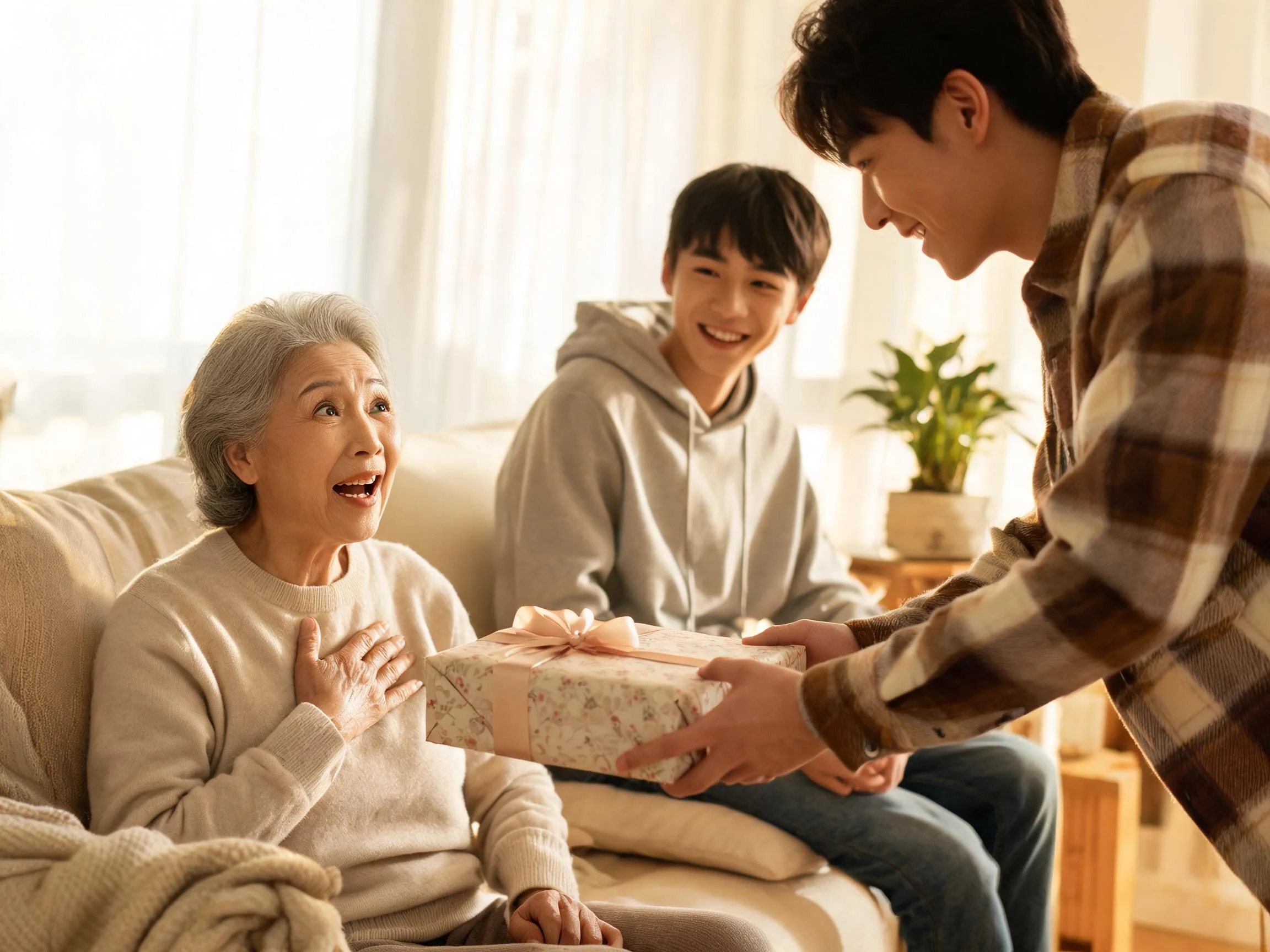 Older person reacting with joyful surprise to an unexpected gift in warm light