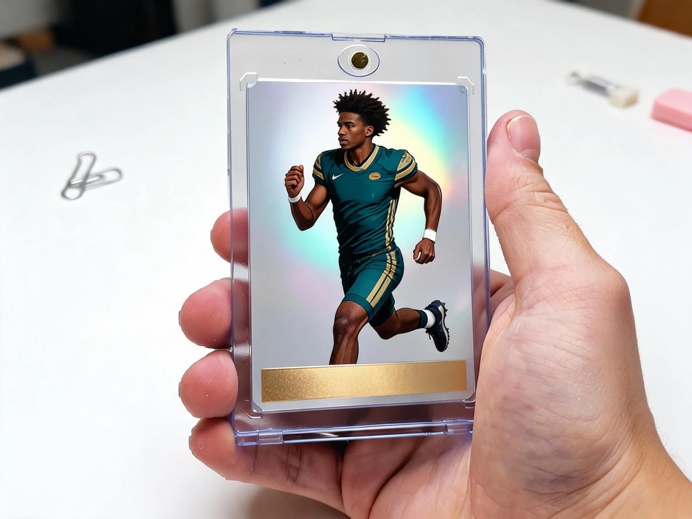 Custom keepsake trading card in clear magnetic case displayed on white tabletop