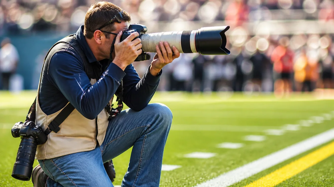 Sports photographer with a telephoto lens working a sideline photography job
