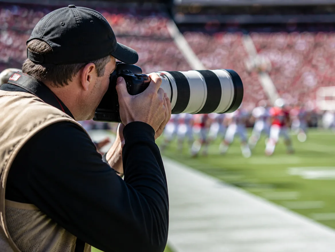 Sports photographer capturing game action on the field