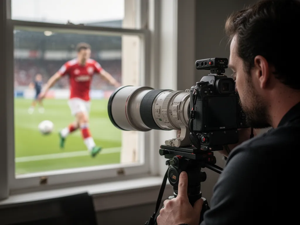 Professional sports camera equipment and telephoto lens with athlete in sharp focus background