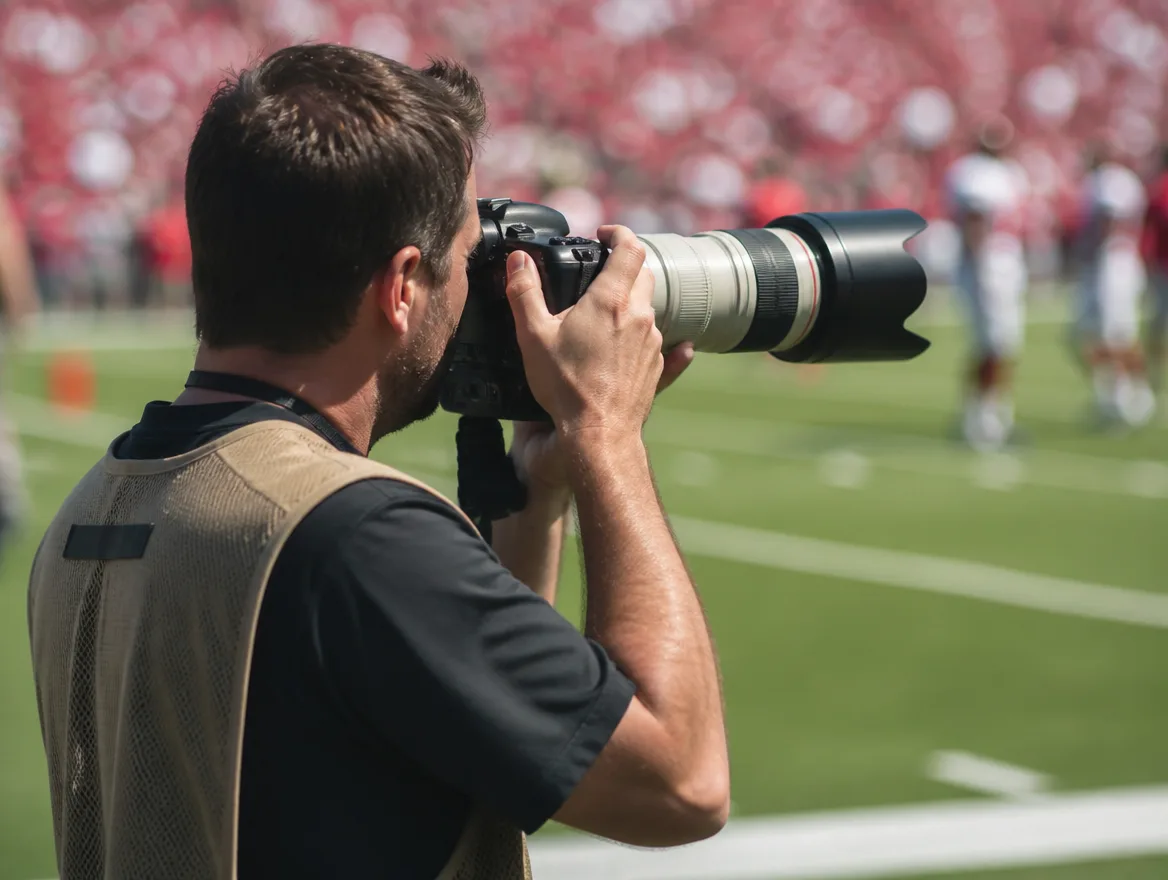Sports photographer aiming a professional camera on assignment