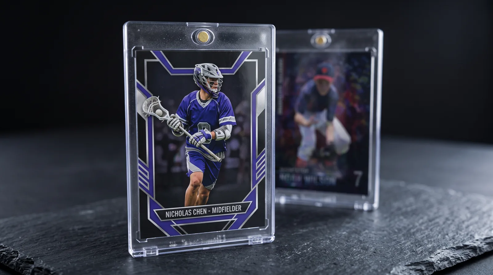 Two custom lacrosse trading cards in magnetic cases on a dark slate surface