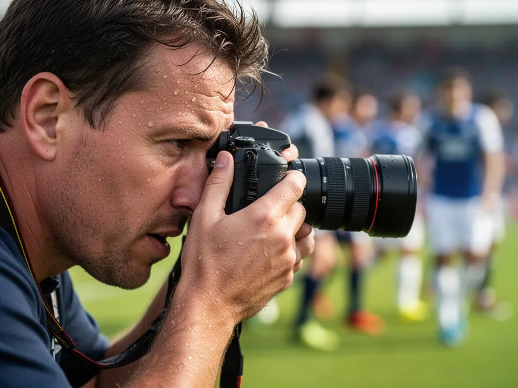 Focused sports photographer concentrating through professional camera lens with blurred athletes competing in background