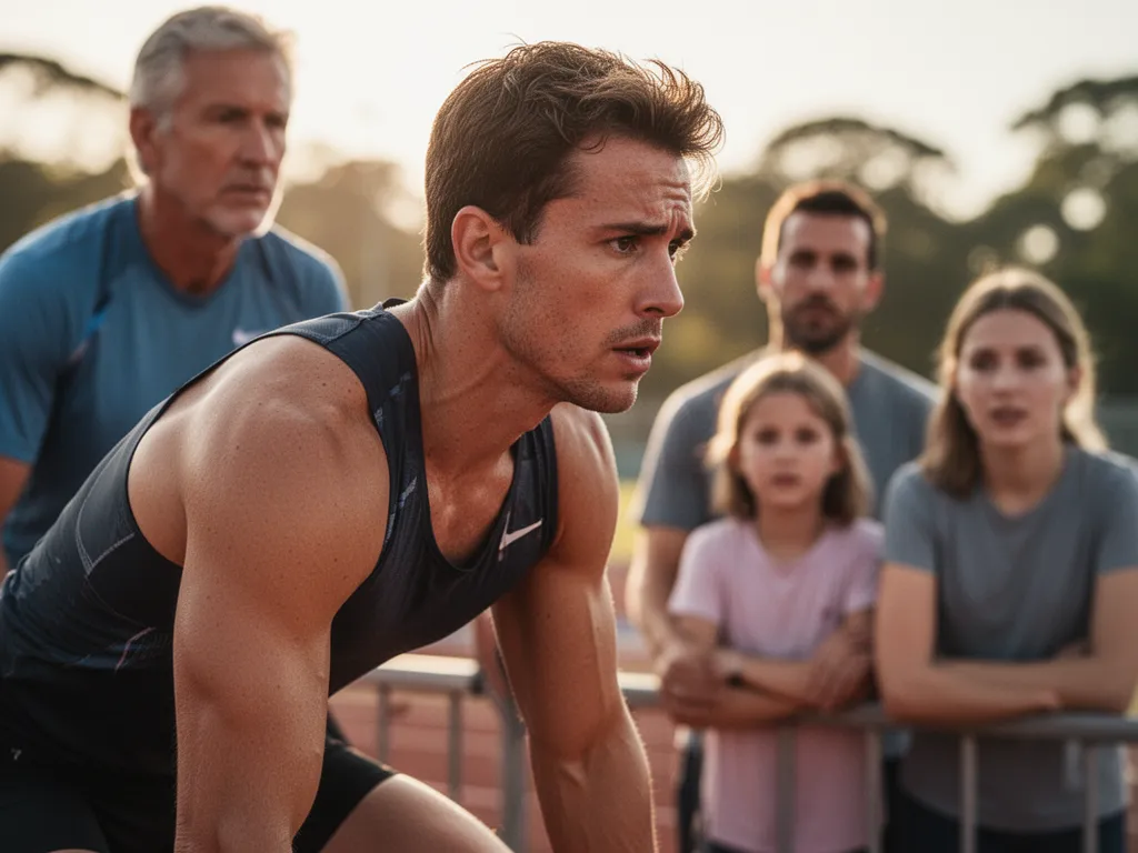 Athlete's concentrated expression with coach and family members celebrating in blurred background