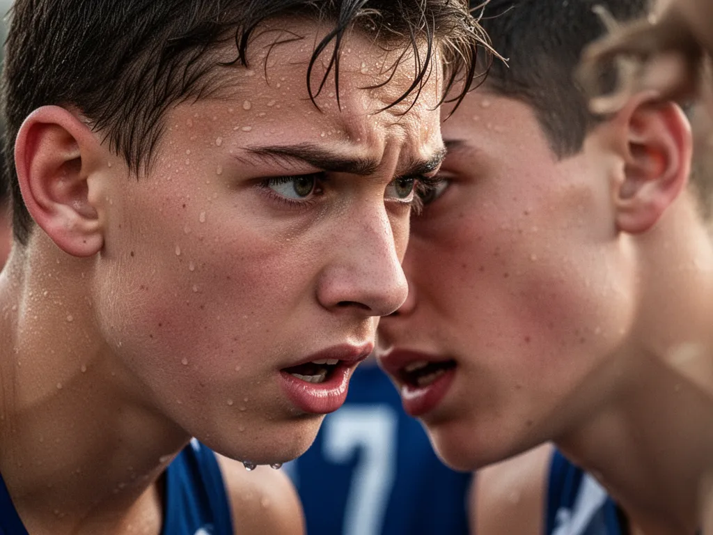 Young athlete displays intense concentration and determination during competitive sports moment with supporters blurred behind
