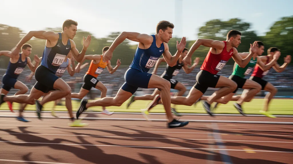 Multiple sprinters racing on outdoor track in bright natural daylight with dynamic motion and energy