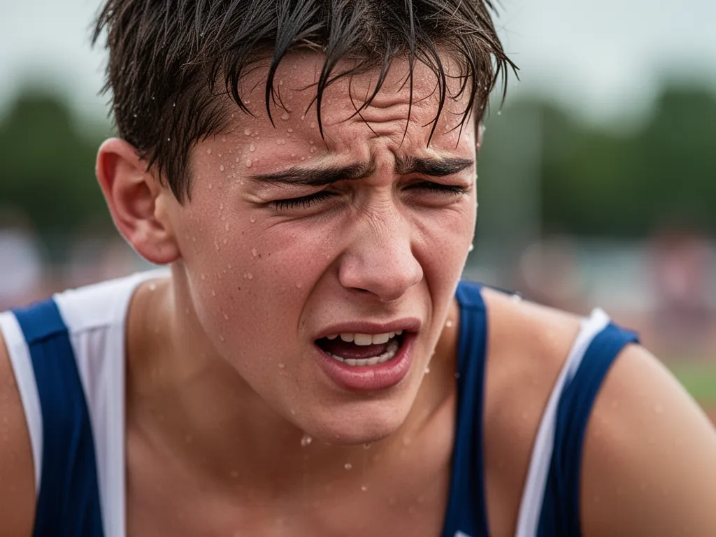 Exhausted athlete showing emotion and determination after completing intense competitive sporting event