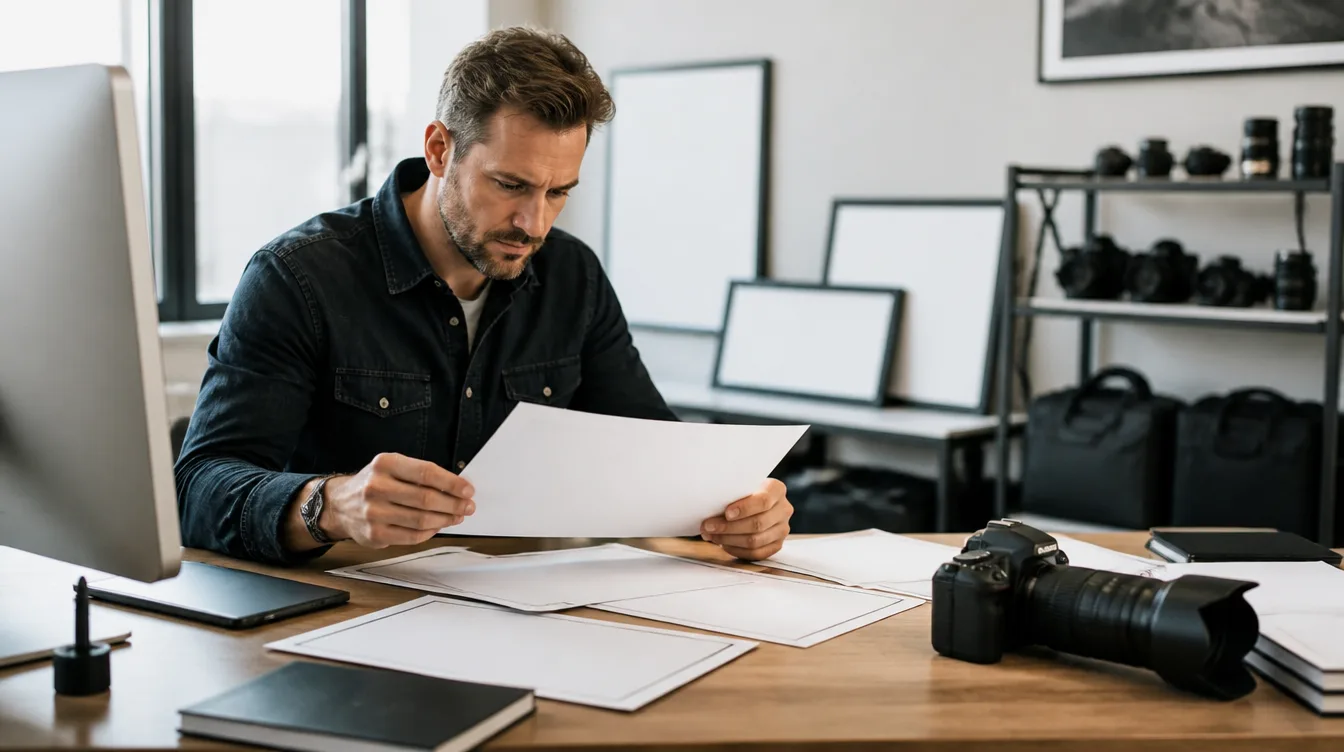Sports photographer reviewing printed photos at a desk while filling a sports photography order form