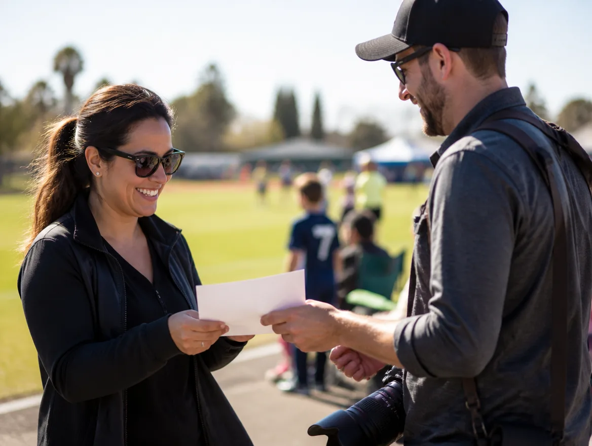 Sports photographer handing a printed photo to a parent at a youth event