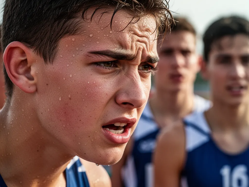 Young athlete's concentrated face showing determination and emotion during competitive sports moment