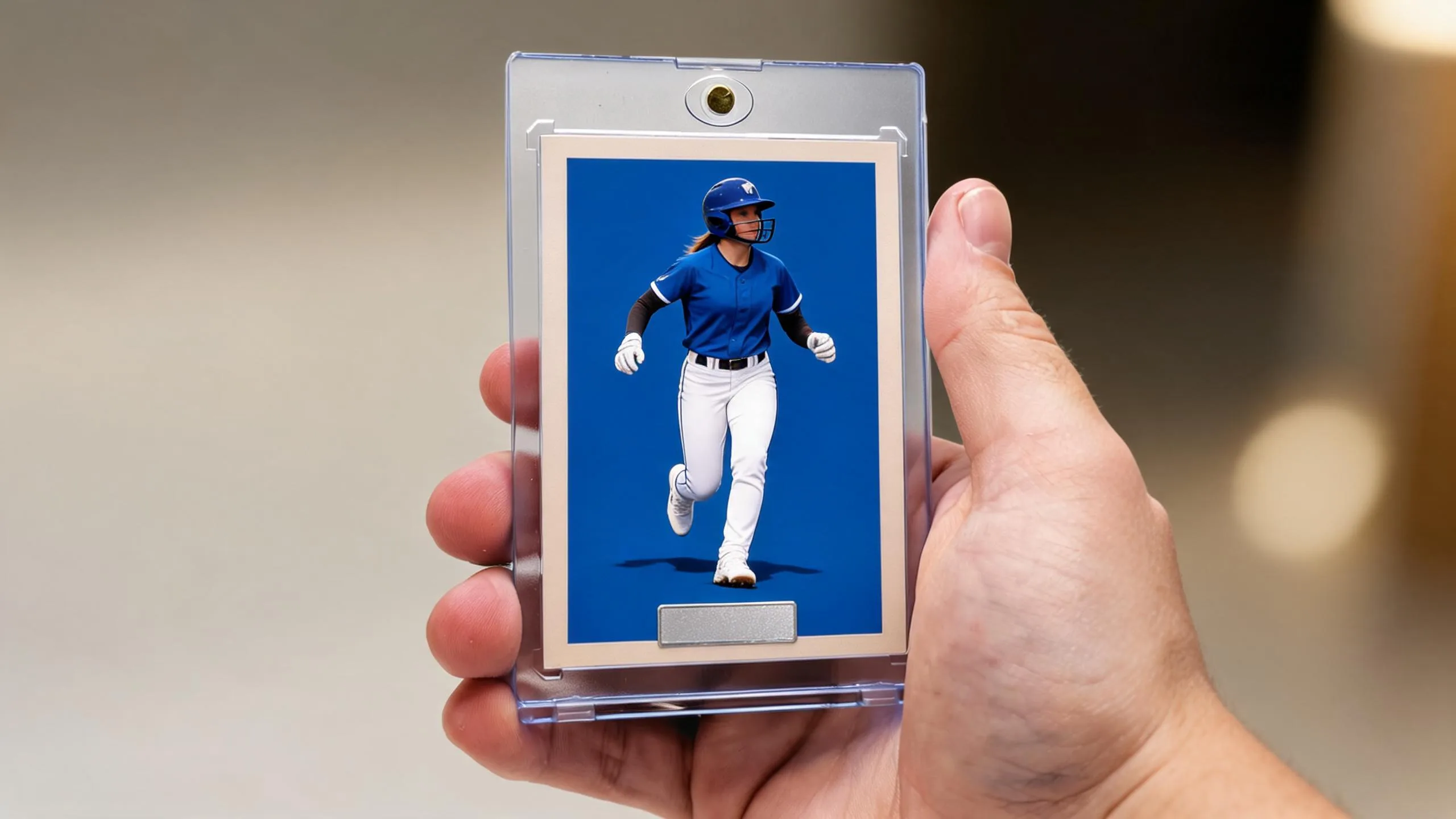 Hand holding magnetic case with custom athlete card, showcasing sports photography packages design.