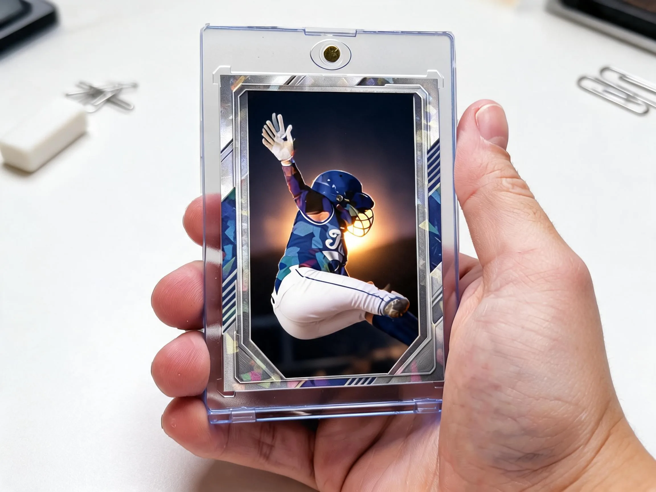 Custom keepsake trading card in a magnetic case displayed on a white tabletop.