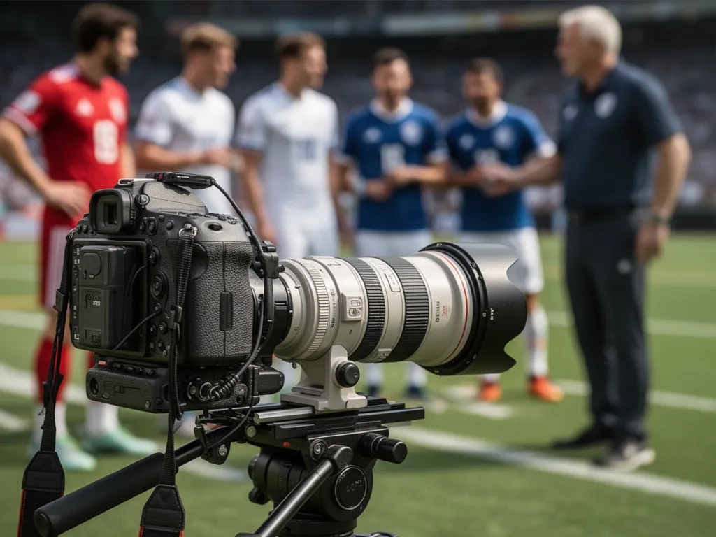 Professional camera equipment in focus with blurred athletes and coaches visible in the background during sporting event