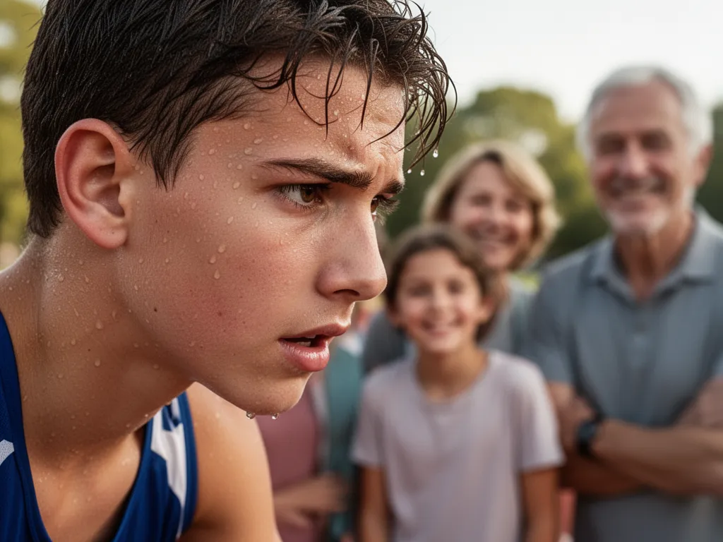Young athlete's concentrated face during competition with proud family members watching blurred in background