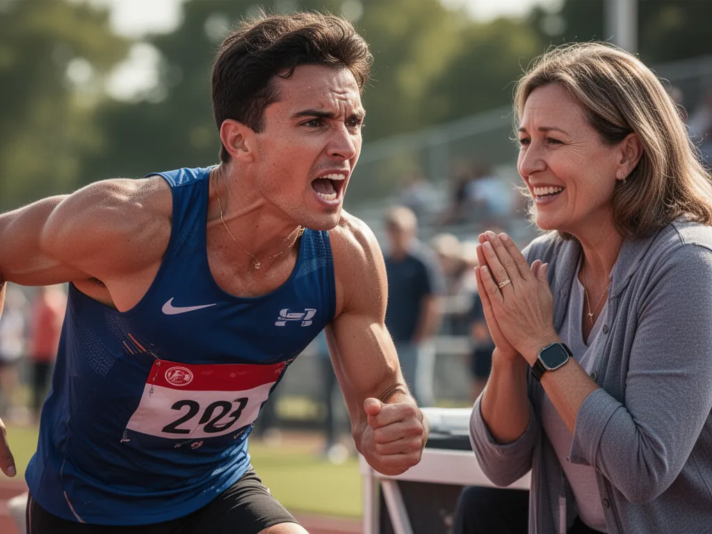 Close-up of focused athlete's expression with coach or parent watching supportively in background
