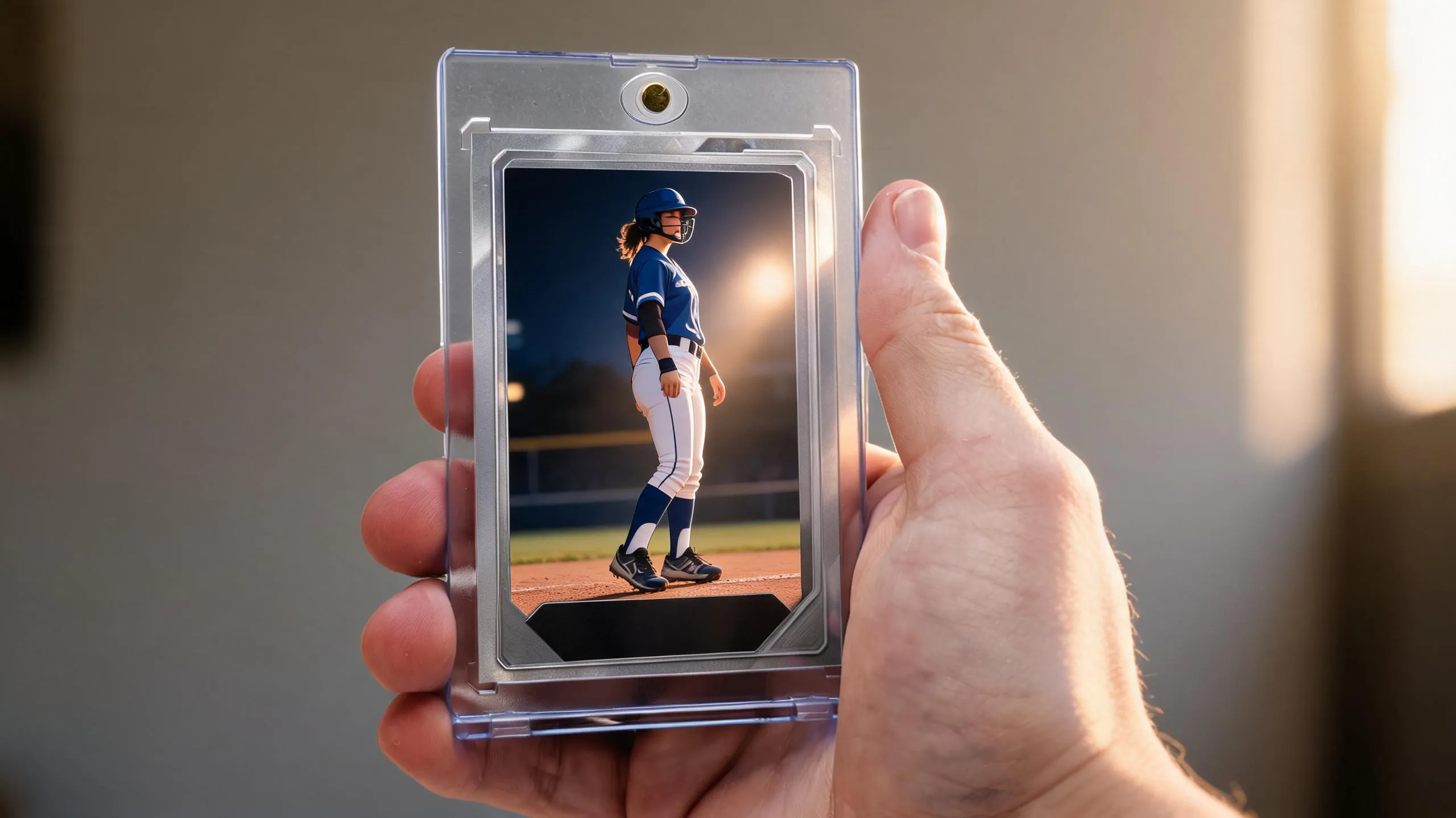 Hand holding magnetic case with stadium-night athlete card, illustrating sports photography pricing options.