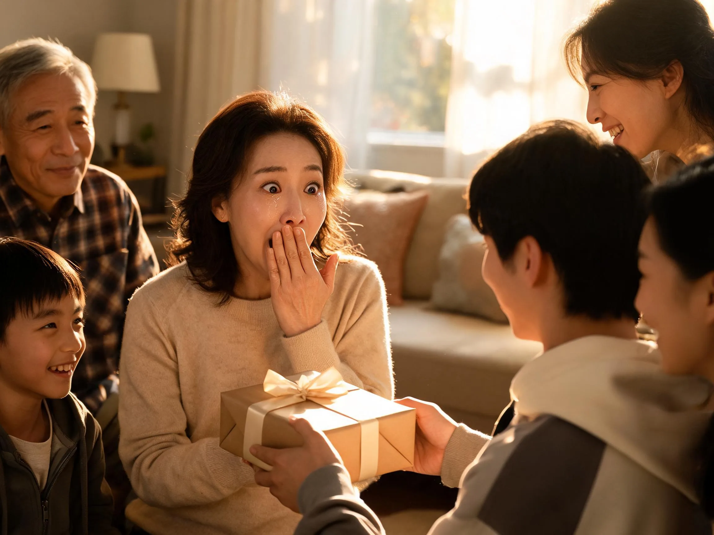 Family member reacting with joyful surprise while receiving an unexpected wrapped gift indoors.