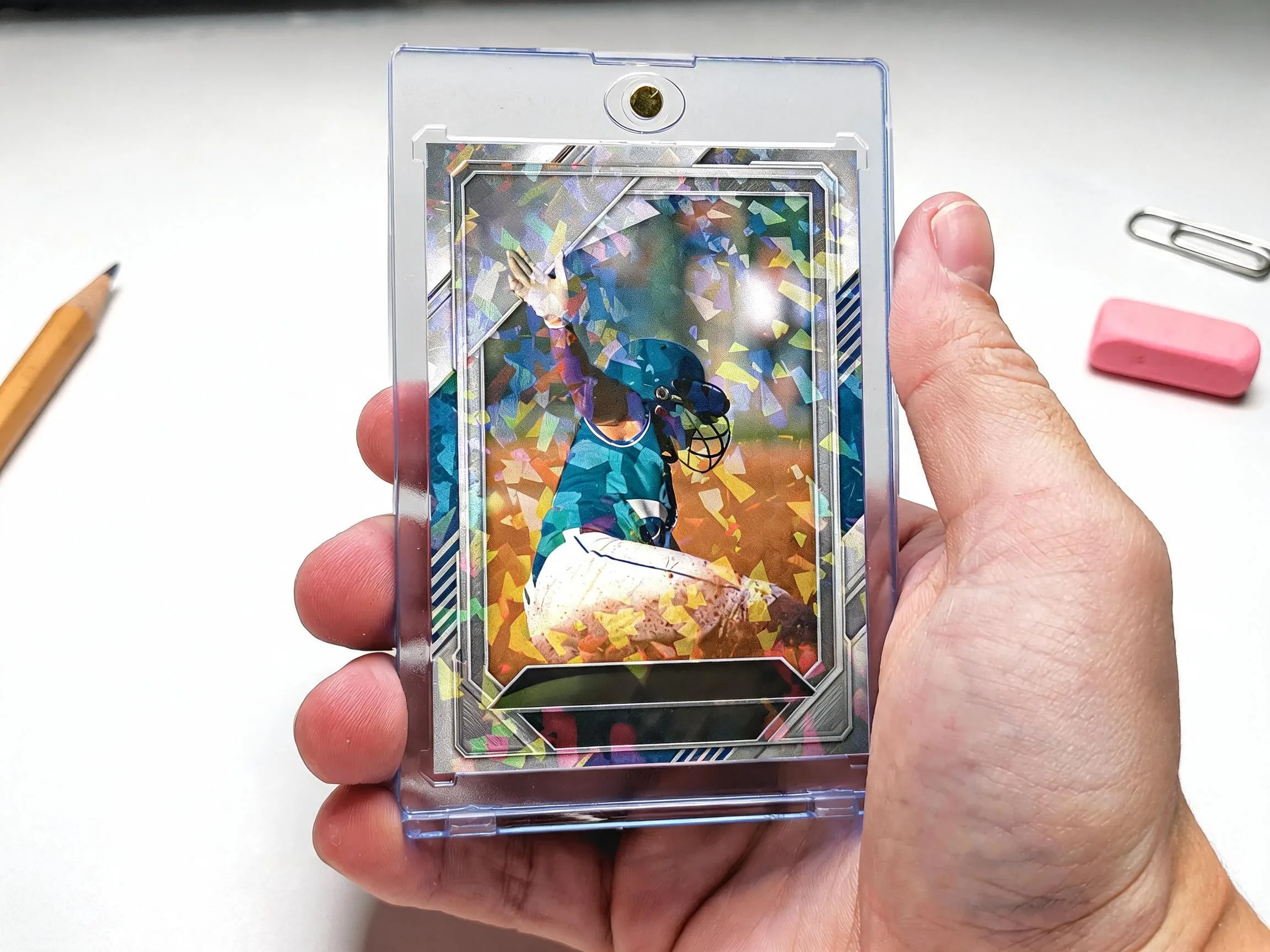 Custom keepsake trading card in a clear magnetic case displayed on a white tabletop.