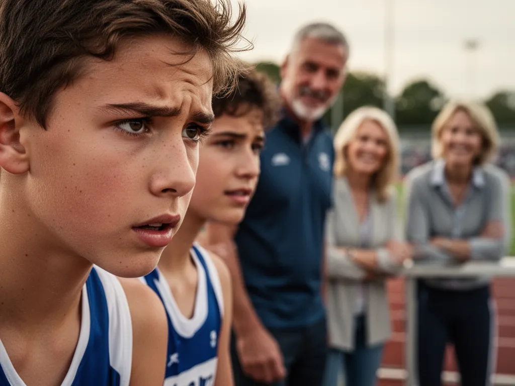 Young athlete's concentrated face during competition with supportive coaches and parents watching in background