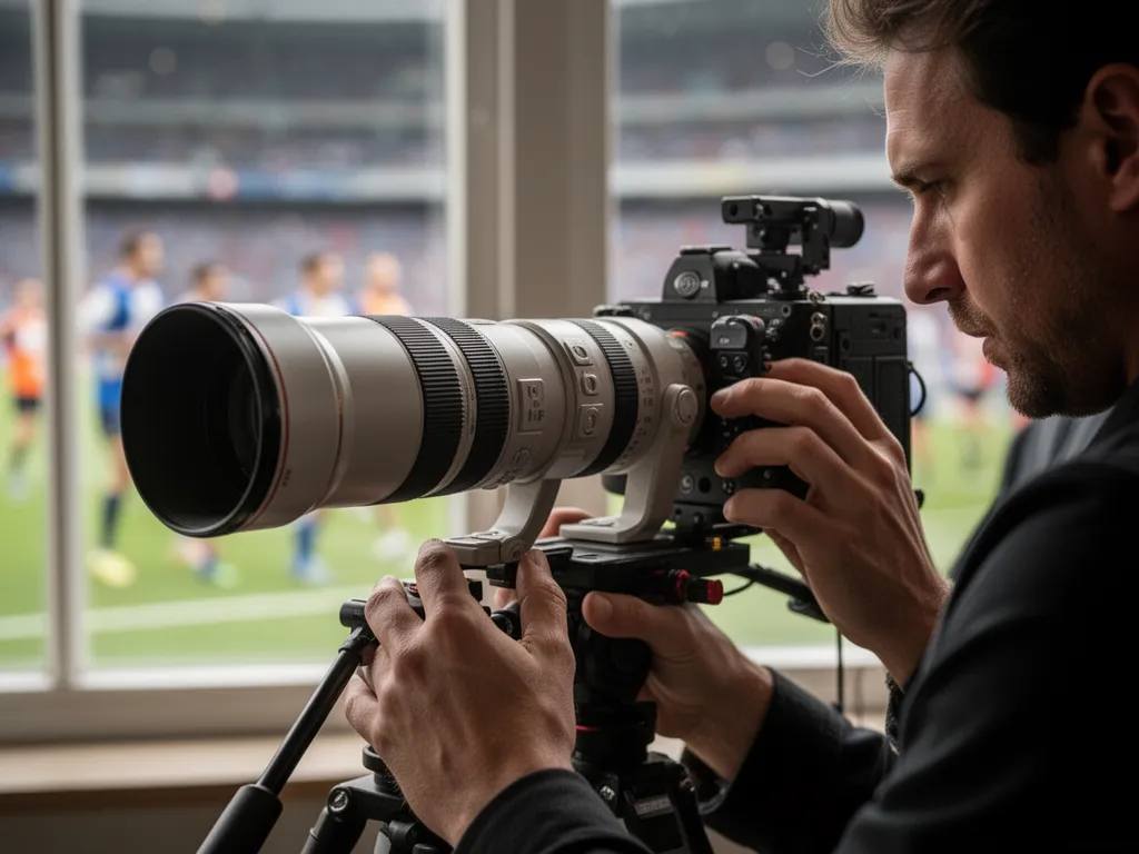Professional camera with telephoto lens pointed toward distant athletes competing outdoors