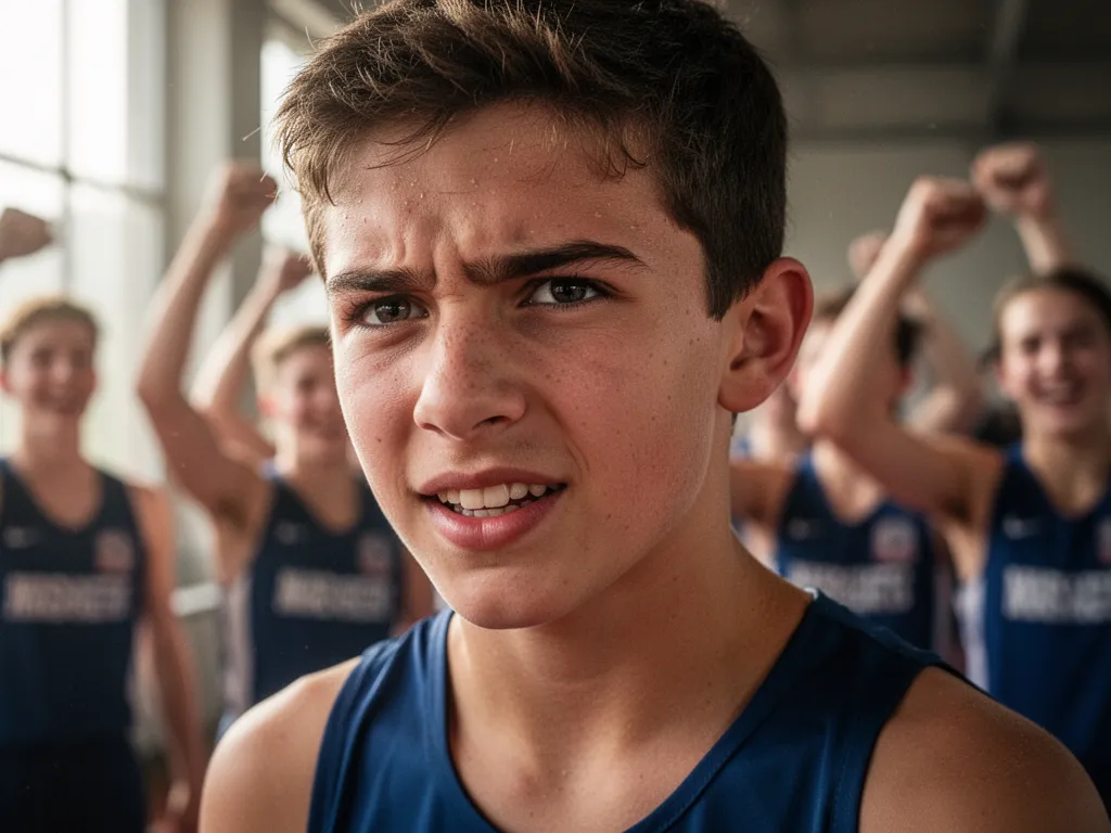 Teen athlete's face glowing with pride and determination as teammates celebrate in soft natural light behind