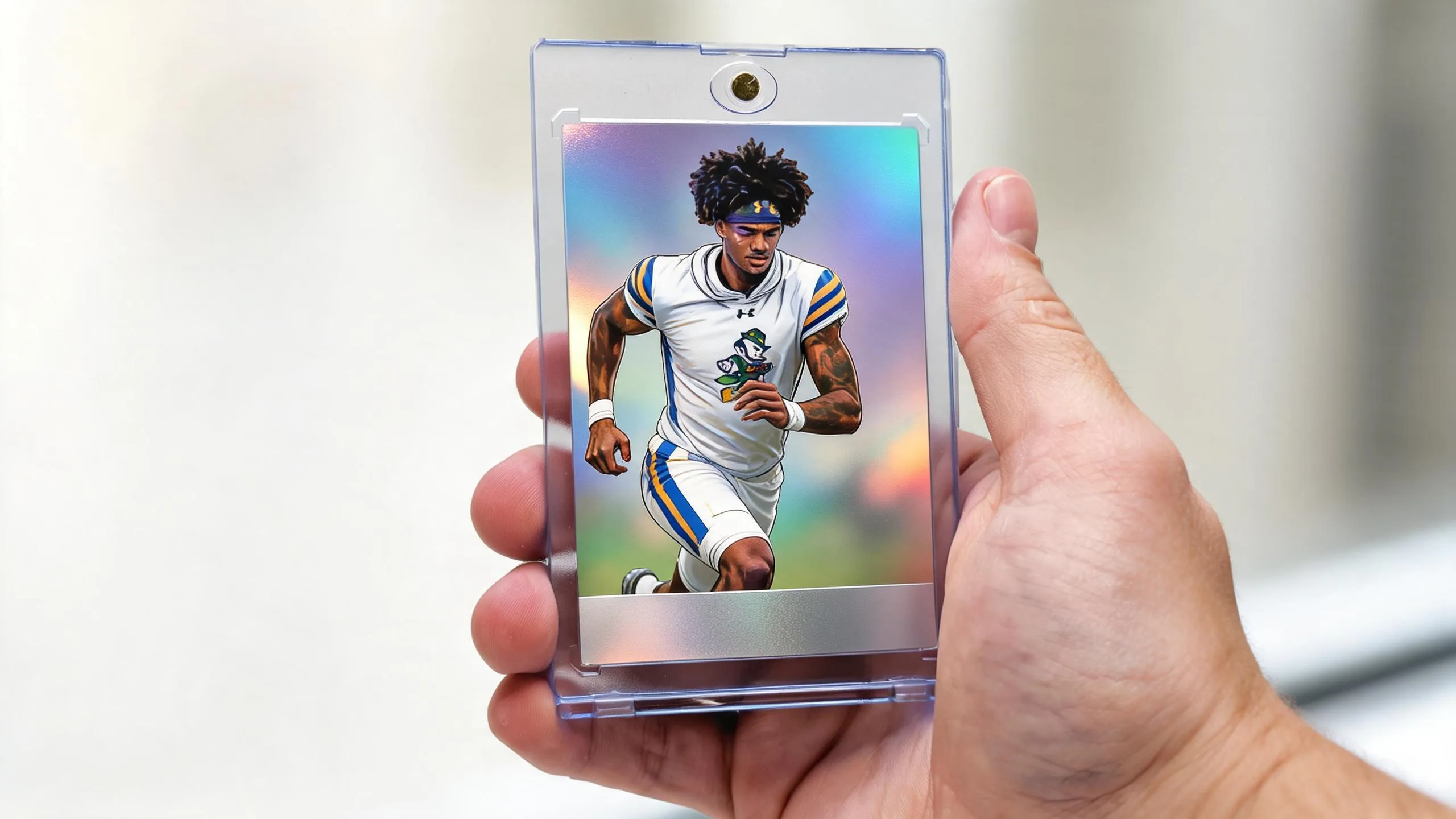 Hand holds magnetic case with athlete card, illustrating sports photography schools' premium keepsake design.