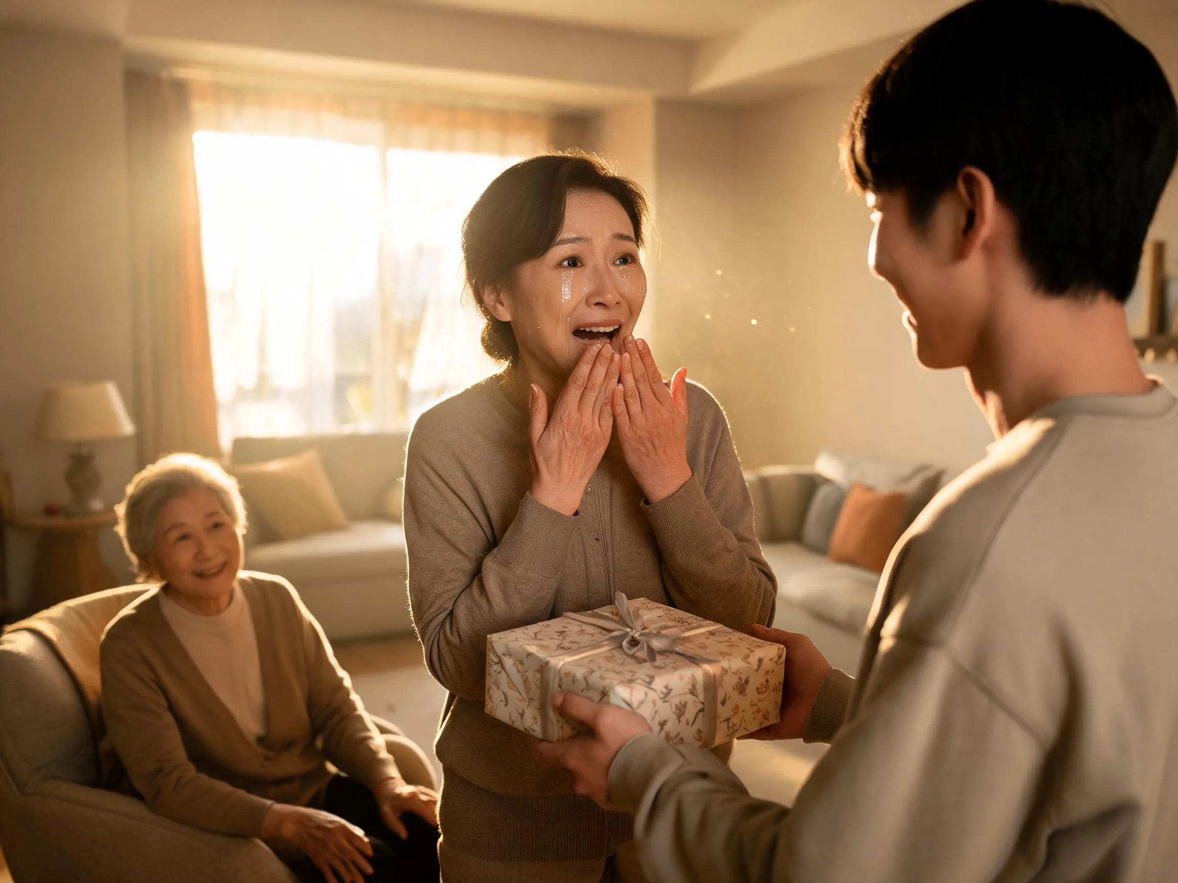 Person reacts with joyful surprise while receiving an unexpected gift from family member.